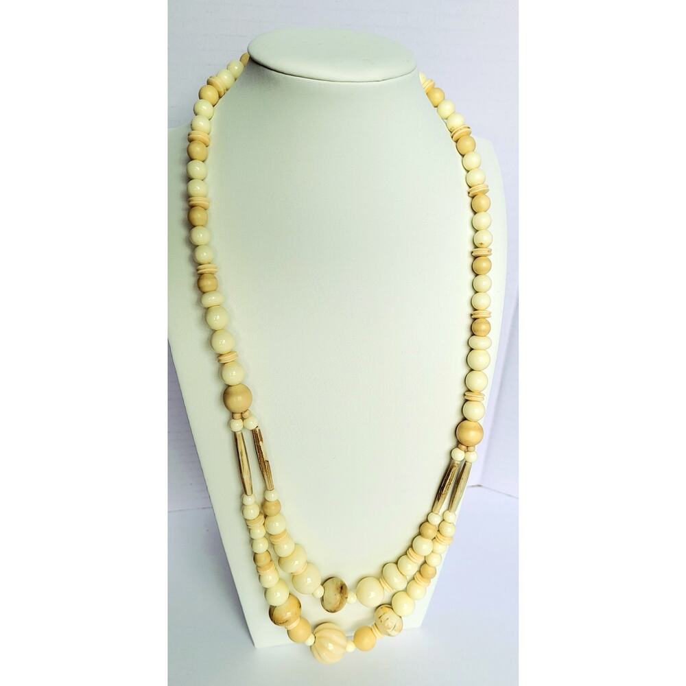 Vintage Dauplaise Necklace Ivory Color 1980s Wood Lucite Double Strand Signed